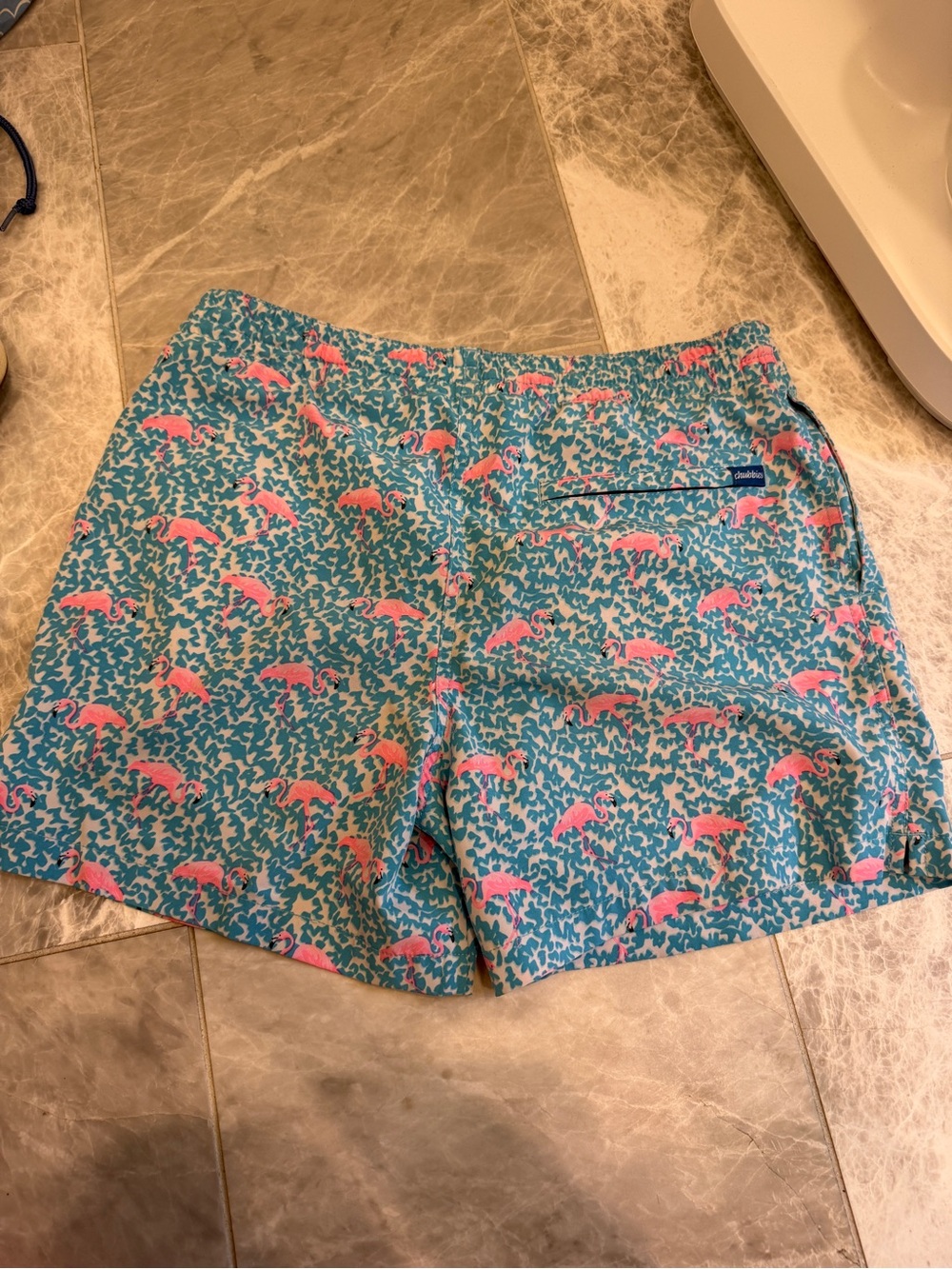 chubbies Aqua Swim Trunks with Pink Flamingo Pattern - Picture 3 of 3